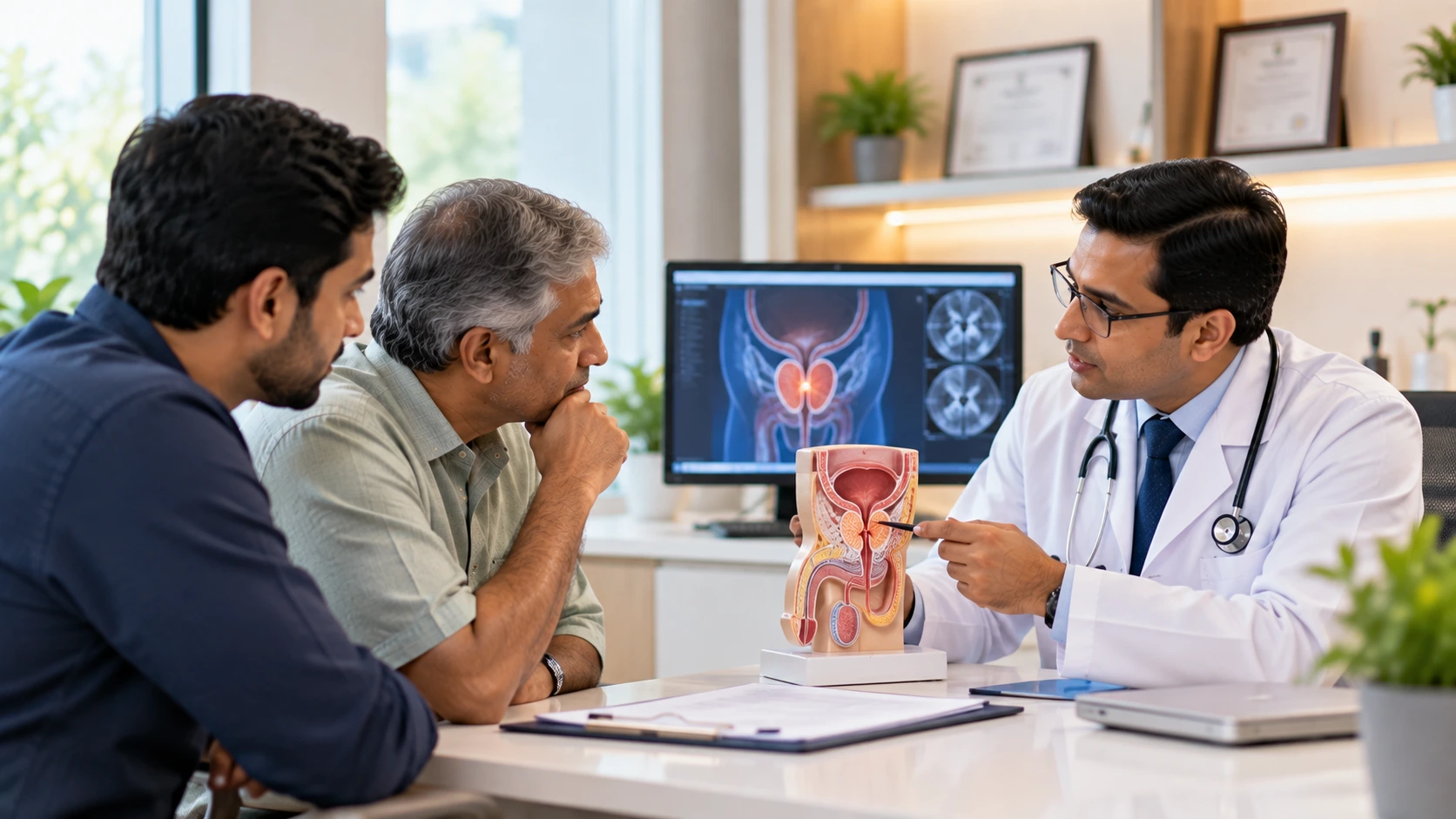 Senior uro-oncologist consulting patient at luxury hospital suite